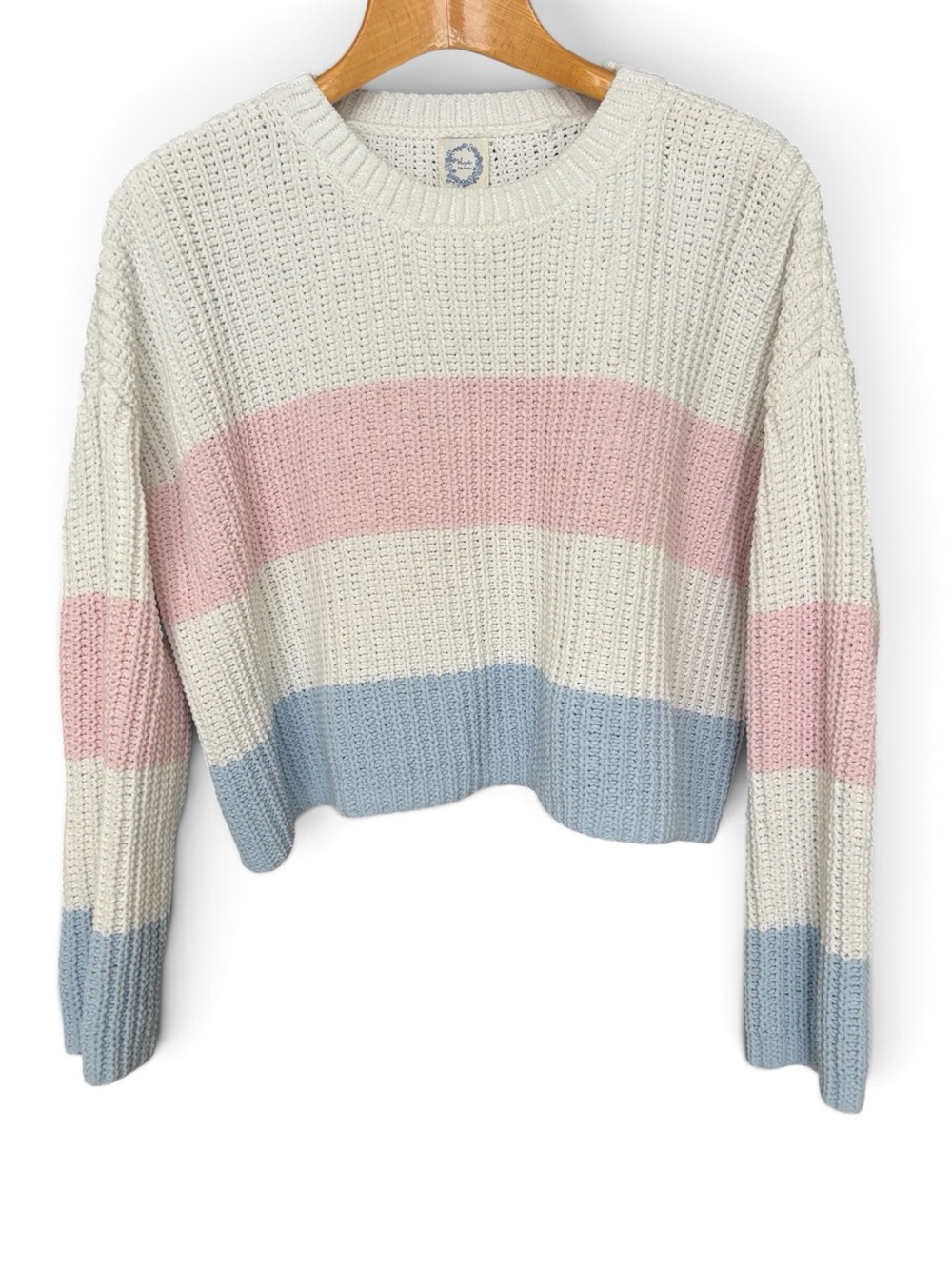 Blue Rain Chunky Knit Striped Sweater in White, Pink & Light Blue Size L